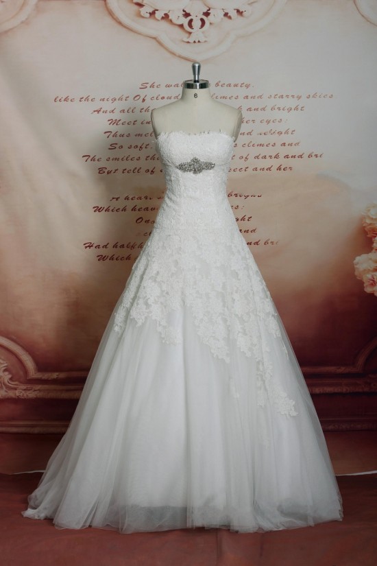 A-line Strapless Beaded Lace and Tulle Bridal Wedding Dresses WD010698