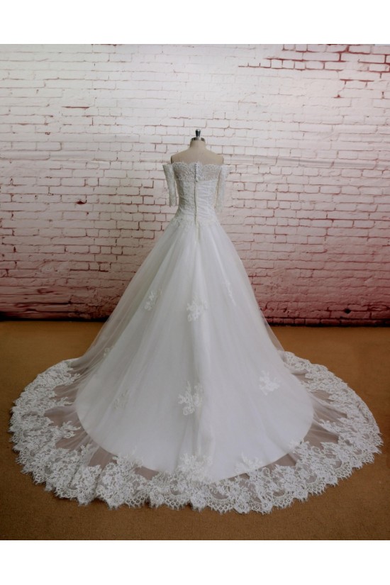 A-line Off the Shoulder Half Sleeves Lace Bridal Gown Wedding Dress WD010718