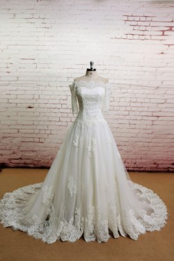 A-line Off the Shoulder Half Sleeves Lace Bridal Gown Wedding Dress WD010718