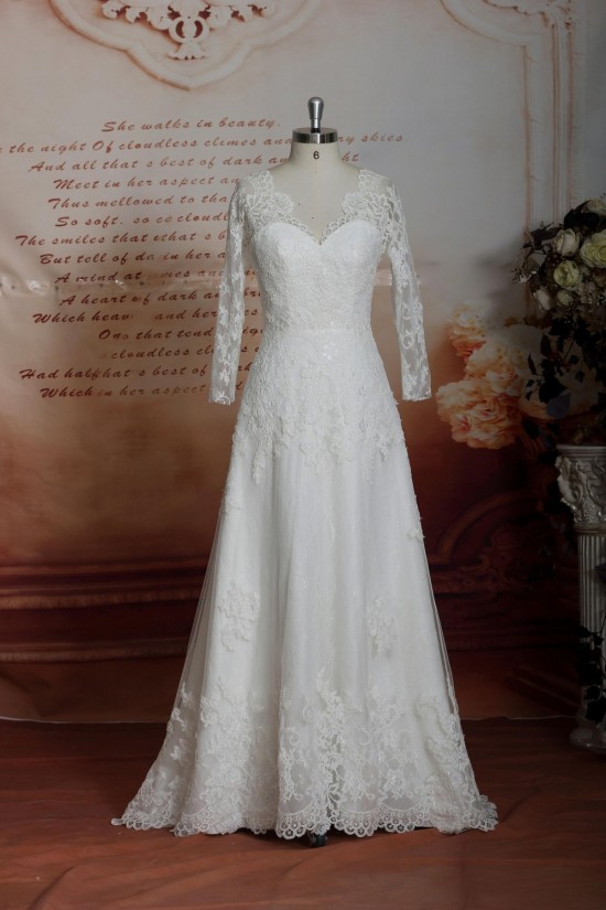 A-line Long Sleeves V-neck Lace Bridal Gown Wedding Dress WD010745