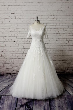 A-line Short Sleeves Lace Bridal Gown Wedding Dress WD010748