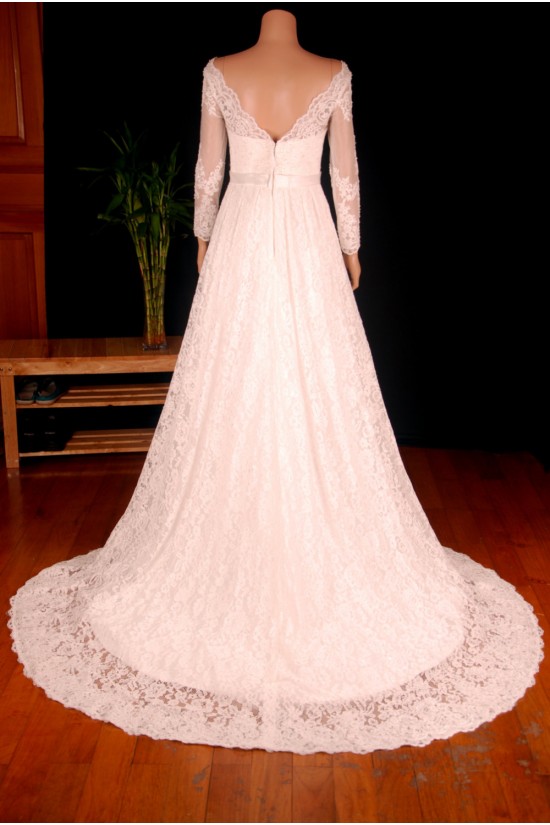 A-line V-neck Long Sleeves Lace Bridal Gown Wedding Dress WD010751