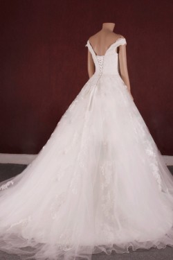 A-line Off the Shoulder Lace and Tulle Bridal Gown Wedding Dress WD010753