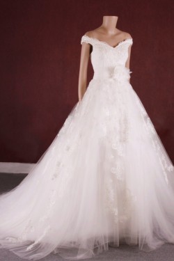 A-line Off the Shoulder Lace and Tulle Bridal Gown Wedding Dress WD010753