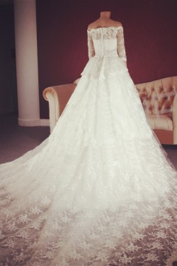 A-line Off the Shoulder Half Sleeves Lace Bridal Gown Wedding Dress WD010757