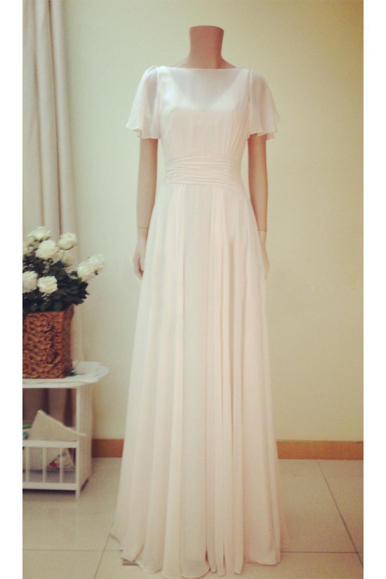 Sheath/Column Short Sleeves Chiffon Bridal Gown Wedding Dress WD010758