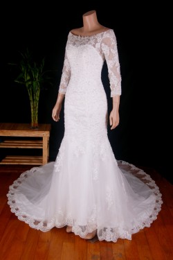 Trumpet/Mermaid Off the Shoulder 3/4 Sleeves Beaded Bridal Gown Wedding Dress WD010778