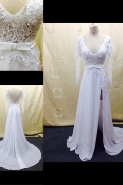Sheath/Column Long Sleeves Lace and Chiffon Bridal Wedding Dresses WD010809