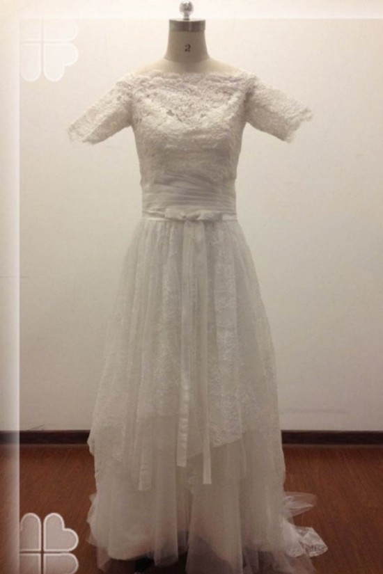 A-line Short Sleeves Lace Bridal Wedding Dresses WD010817