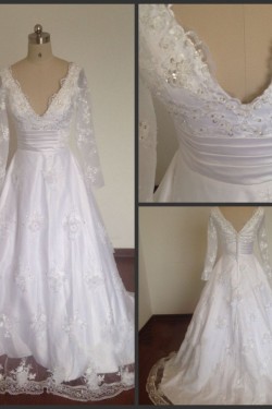 A-line Long Sleeves V-neck Bridal Wedding Dresses WD010819