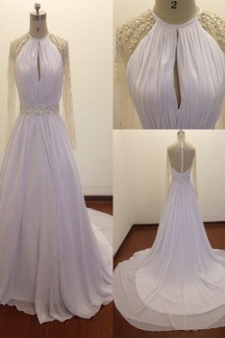 A-line Long Sleeves Beaded Chiffon Bridal Wedding Dresses WD010823