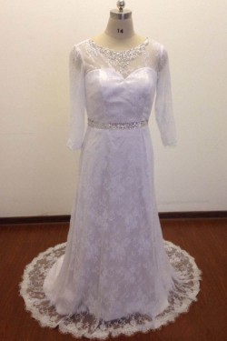 A-line 3/4 Sleeves Beaded Lace Bridal Wedding Dresses WD010830