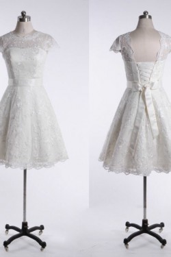 A-line Short Cap Sleeves Lace Bridal Wedding Dresses WD010836