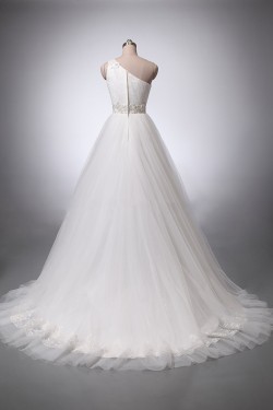 A-line One Shoulder Lace and Tulle Bridal Wedding Dresses WD010839