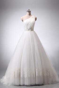 A-line One Shoulder Lace and Tulle Bridal Wedding Dresses WD010839
