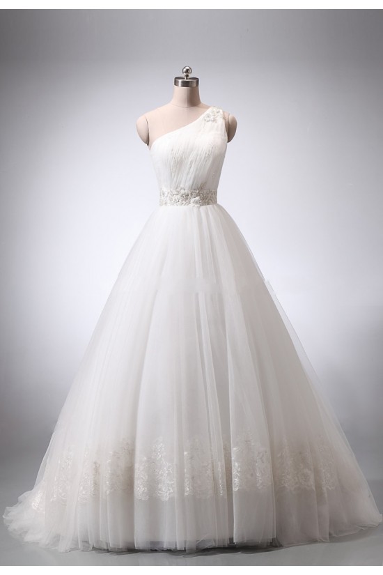 A-line One Shoulder Lace and Tulle Bridal Wedding Dresses WD010839