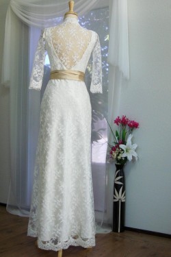 Sheath 3/4 Sleeves V-neck Lace Bridal Wedding Dresses WD010848