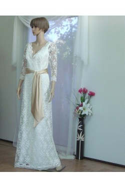Sheath 3/4 Sleeves V-neck Lace Bridal Wedding Dresses WD010848