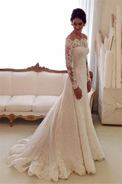 A-Line Off-the-Shoulder Long Sleeves Lace Bridal Wedding Dresses WD010860