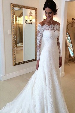 A-Line Off-the-Shoulder Long Sleeves Lace Bridal Wedding Dresses WD010860