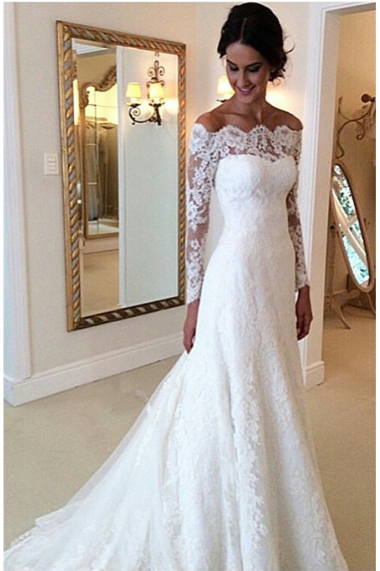 A-Line Off-the-Shoulder Long Sleeves Lace Bridal Wedding Dresses WD010860 A-Line Off-the-Shoulder Long Sleeves Lace Bridal Wedding Dresses WD010860