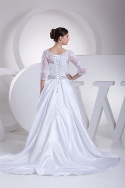 A-Line 3/4 Length Sleeve Beaded Appliques Court Train Wedding Dresses 2030001