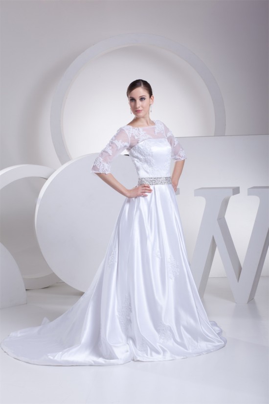A-Line 3/4 Length Sleeve Beaded Appliques Court Train Wedding Dresses 2030001 A-Line 3/4 Length Sleeve Beaded Appliques Court Train Wedding Dresses 2030001