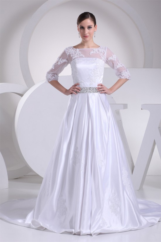 A-Line 3/4 Length Sleeve Beaded Appliques Court Train Wedding Dresses 2030001 A-Line 3/4 Length Sleeve Beaded Appliques Court Train Wedding Dresses 2030001
