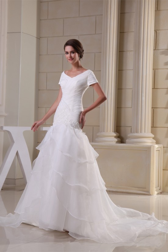 A-Line V-Neck Short Sleeve Court Train Wedding Dresses 2030002