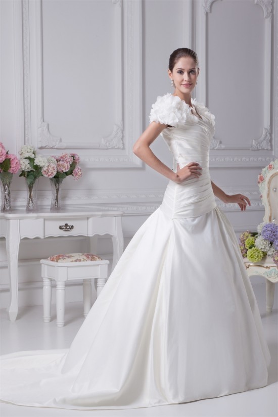 A-Line V-Neck Short Sleeve Court Train Wedding Dresses 2030003