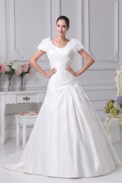 A-Line V-Neck Short Sleeve Court Train Wedding Dresses 2030003