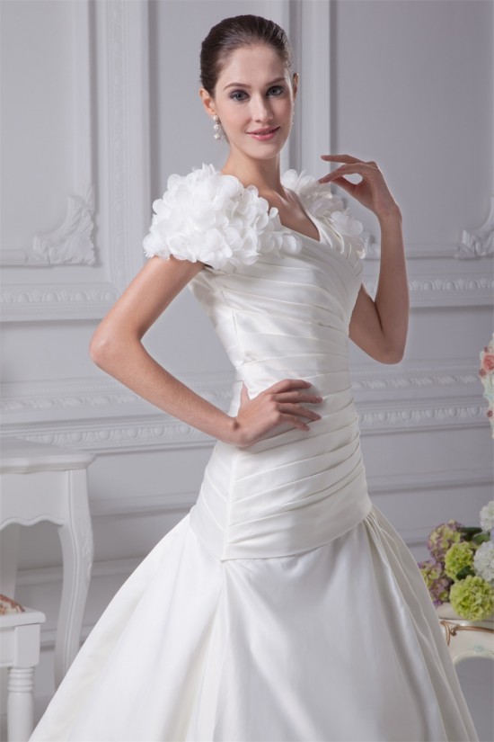 A-Line V-Neck Short Sleeve Court Train Wedding Dresses 2030003