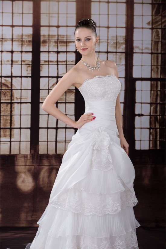 A-Line Lace Organza Strapless Sleeveless Wedding Dresses 2030009