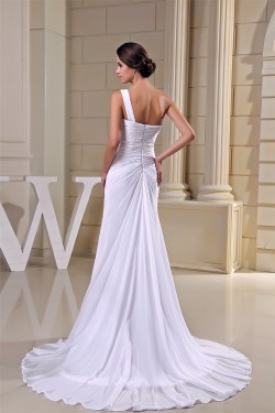 Sheath/Column Ruched Chiffon One-Shoulder Sweep Train Wedding Dresses 2030015
