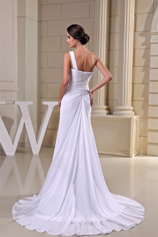 Sheath/Column Ruched Chiffon One-Shoulder Sweep Train Wedding Dresses 2030015 Sheath/Column Ruched Chiffon One-Shoulder Sweep Train Wedding Dresses 2030015