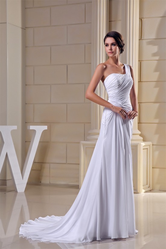 Sheath/Column Ruched Chiffon One-Shoulder Sweep Train Wedding Dresses 2030015 Sheath/Column Ruched Chiffon One-Shoulder Sweep Train Wedding Dresses 2030015