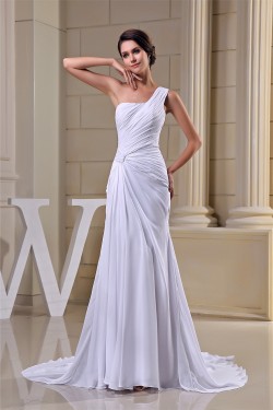 Sheath/Column Ruched Chiffon One-Shoulder Sweep Train Wedding Dresses 2030015