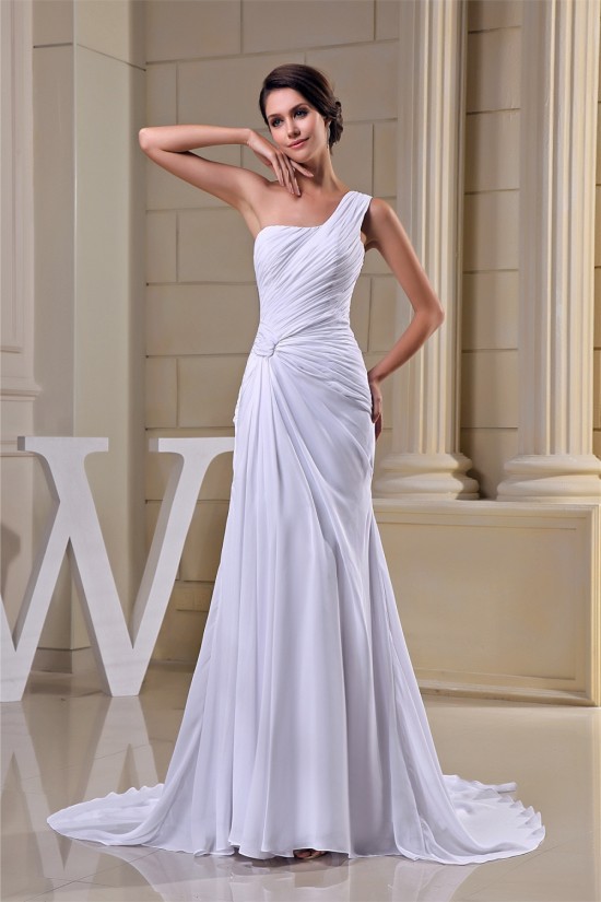 Sheath/Column Ruched Chiffon One-Shoulder Sweep Train Wedding Dresses 2030015 Sheath/Column Ruched Chiffon One-Shoulder Sweep Train Wedding Dresses 2030015