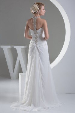 Sheath/Column Beaded Applique Chiffon One-Shoulder Sweep Train Wedding Dresses 2030016