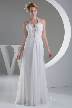 Sheath/Column Beaded Applique Chiffon One-Shoulder Sweep Train Wedding Dresses 2030016