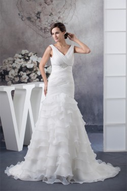 A-Line Sleeveless V-Neck Satin Organza Most Beautiful Beaded Wedding Dresses 2030037