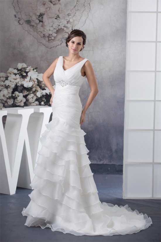 A-Line Sleeveless V-Neck Satin Organza Most Beautiful Beaded Wedding Dresses 2030037 A-Line Sleeveless V-Neck Satin Organza Most Beautiful Beaded Wedding Dresses 2030037