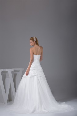 A-Line Strapless Chapel Train Beaded Taffeta Tulle Wedding Dresses 2030039