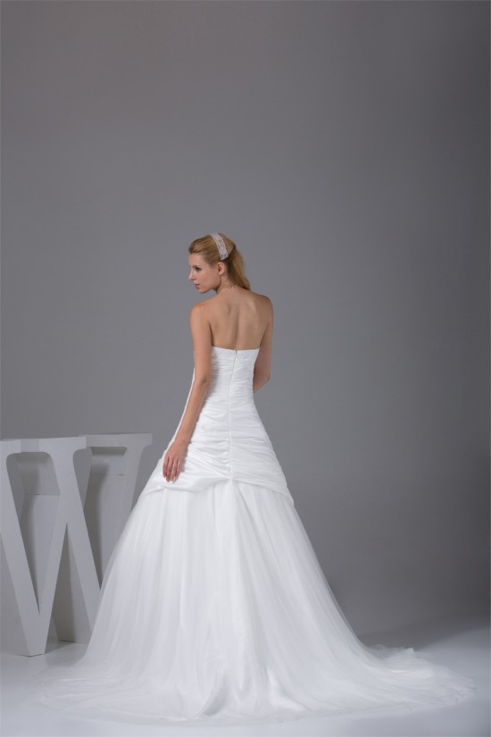 A-Line Strapless Chapel Train Beaded Taffeta Tulle Wedding Dresses 2030039