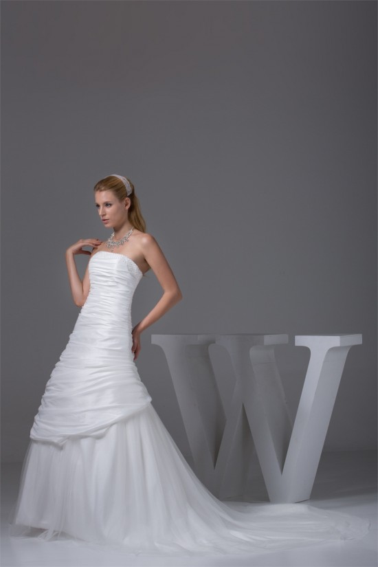 A-Line Strapless Chapel Train Beaded Taffeta Tulle Wedding Dresses 2030039