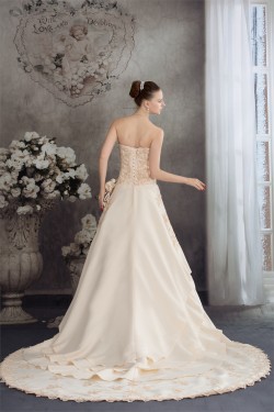 Elegant A-Line Sweetheart Chapel Train Beaded Satin Lace Wedding Dresses 2030043