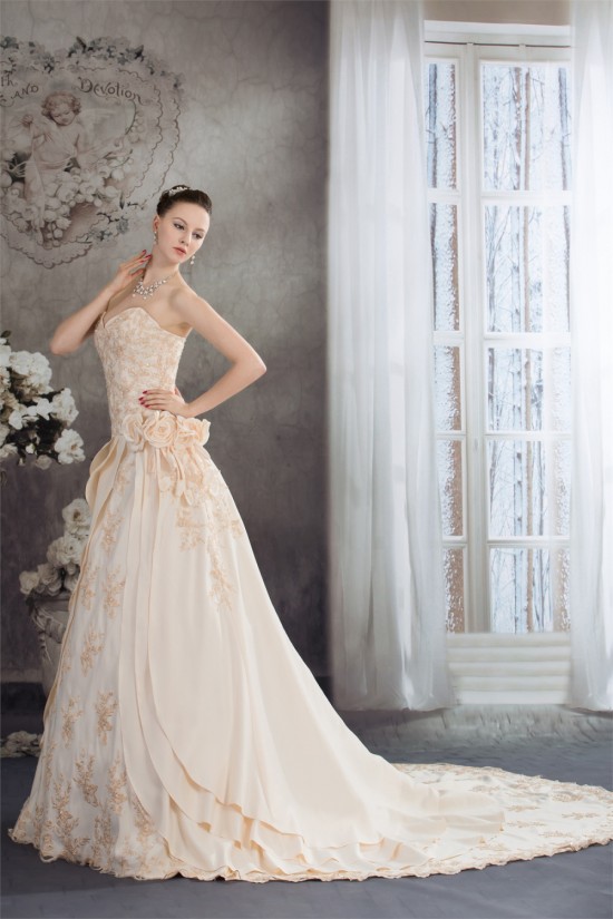 Elegant A-Line Sweetheart Chapel Train Beaded Satin Lace Wedding Dresses 2030043
