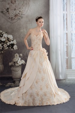 Elegant A-Line Sweetheart Chapel Train Beaded Satin Lace Wedding Dresses 2030043