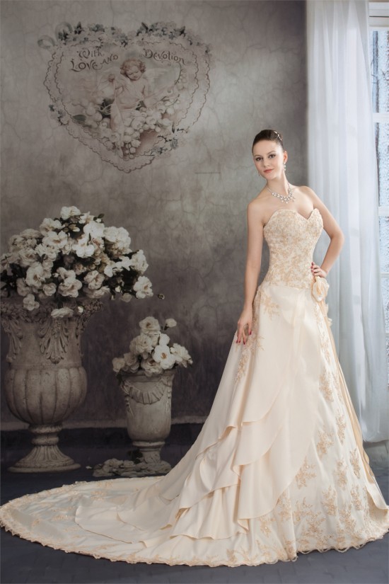 Elegant A-Line Sweetheart Chapel Train Beaded Satin Lace Wedding Dresses 2030043