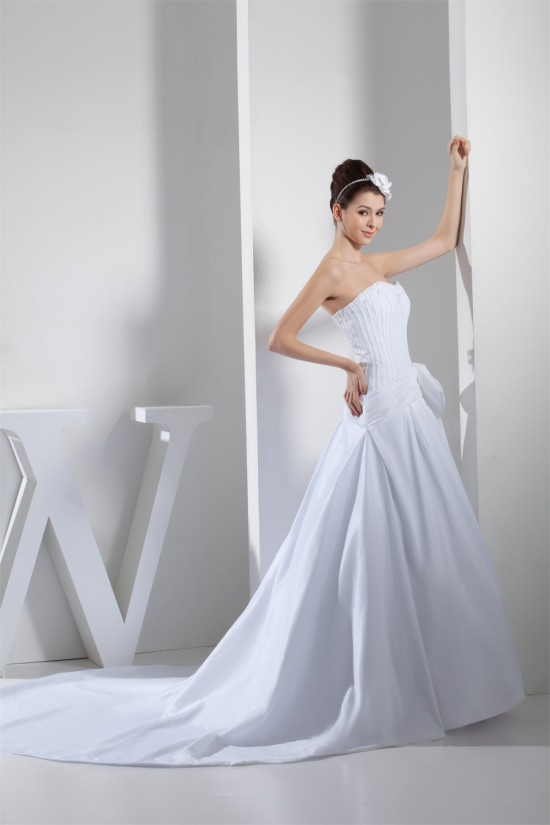 A-Line Strapless Chapel Train Beaded Taffeta Netting Wedding Dresses 2030044